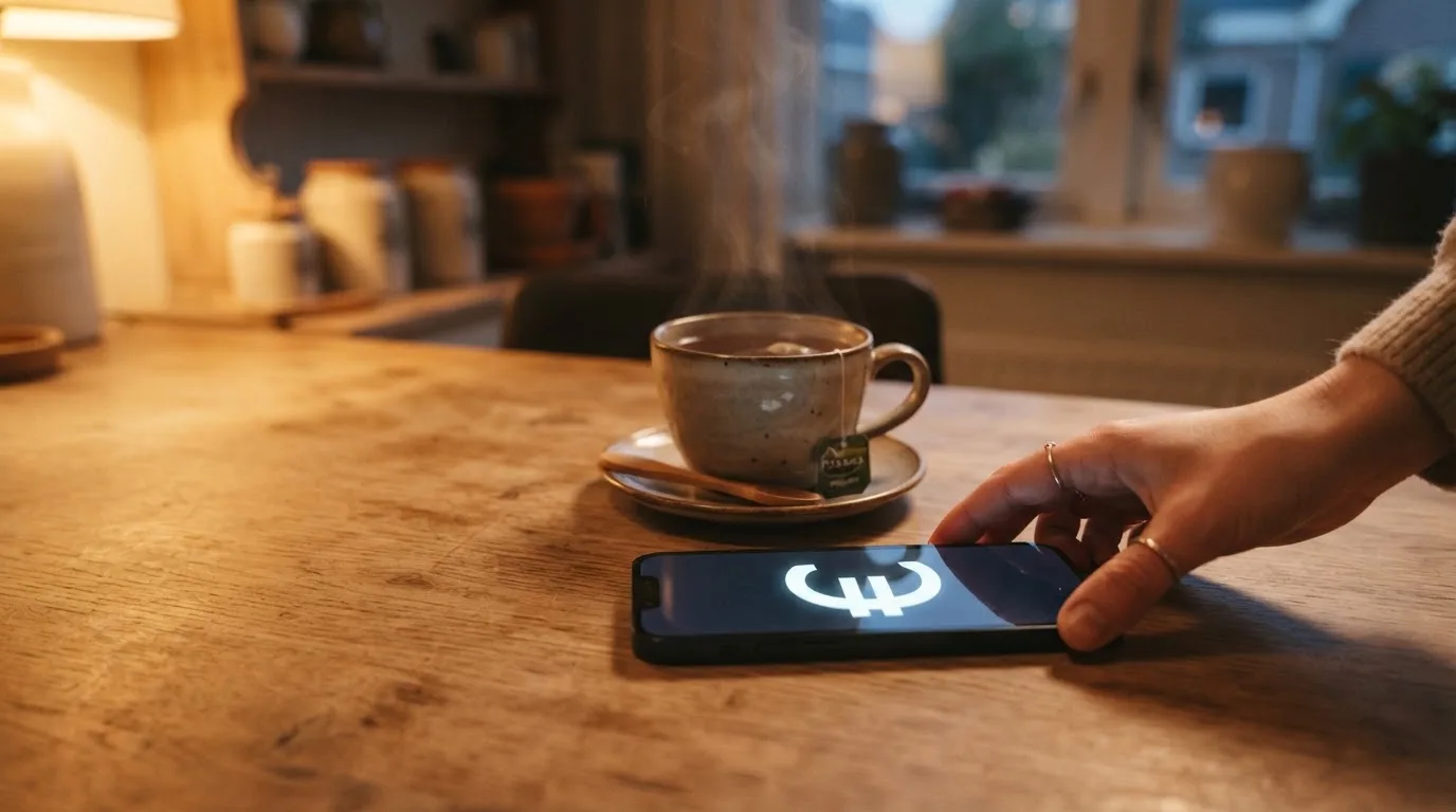 Een hand legt een smartphone naast een kopje thee op een keukentafel, een rustige avond