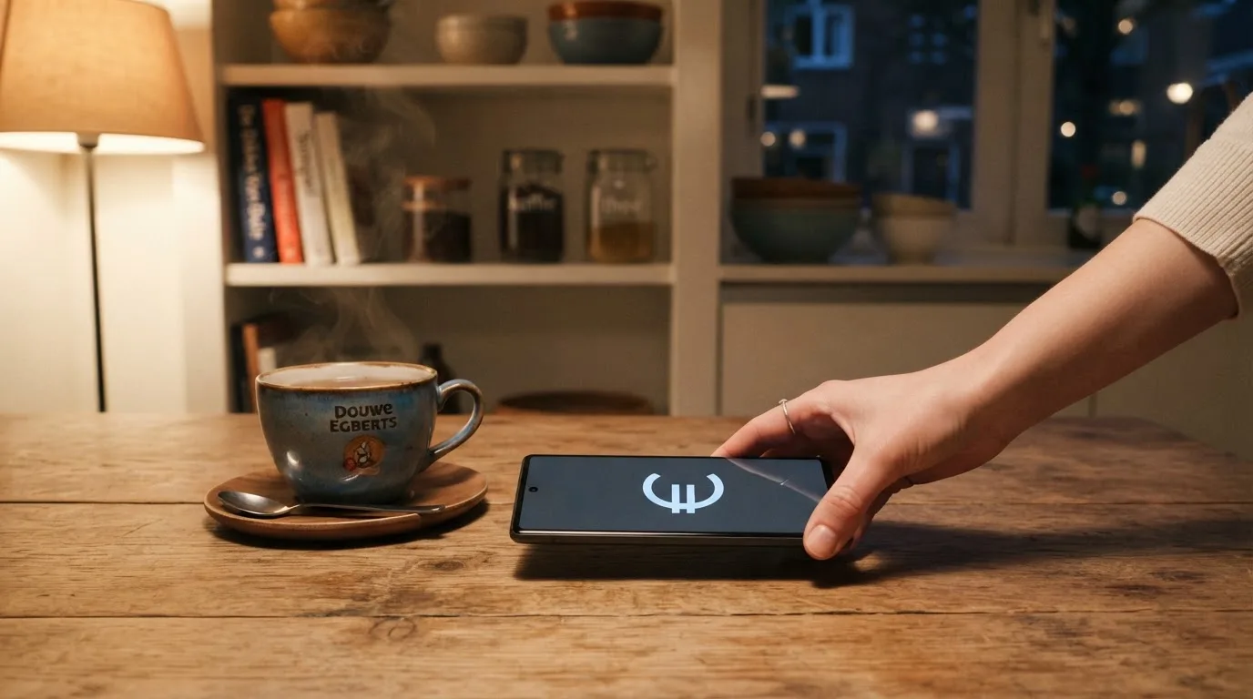 Een hand legt een smartphone naast een kopje thee op een keukentafel, een rustige avond